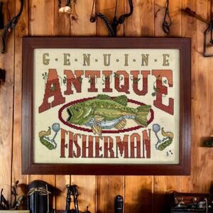 Handmade Crosstitch Genuine Antique Fisherman Picture Framed Design Works 1996